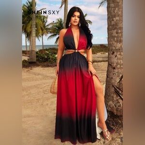 🆕 SHEIN Ombre Red and Black Vacation Beach Maxi Dress, Size L